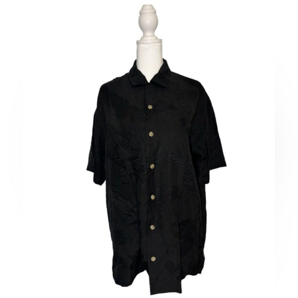 Tommy Bahama Six Flights a Day Embroidered Black Silk Hawaiian Button Down Shirt